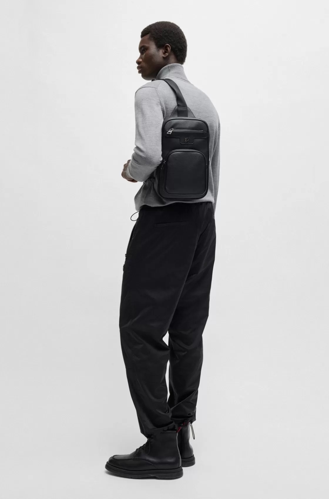 HUGO BOSS Grained Mono-strap Backpack With Stacked Logo Black Fashion