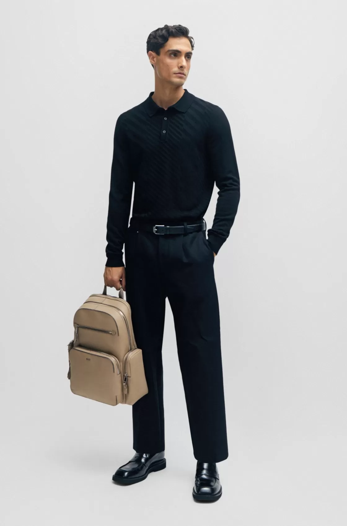 HUGO BOSS Grained-leather Backpack With Logo Lettering Light Beige Discount