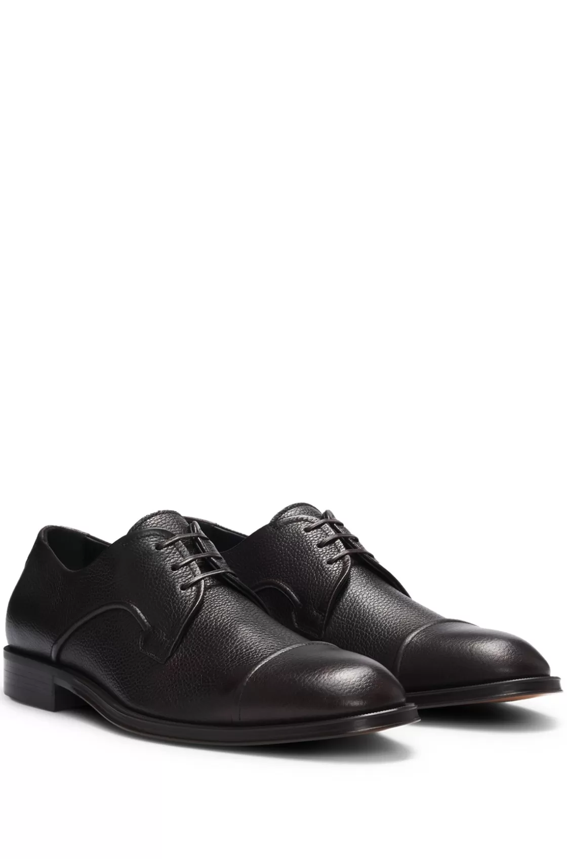 HUGO BOSS Grained-leather Derby Shoes With Anti-slip Sole Dark Brown Flash Sale
