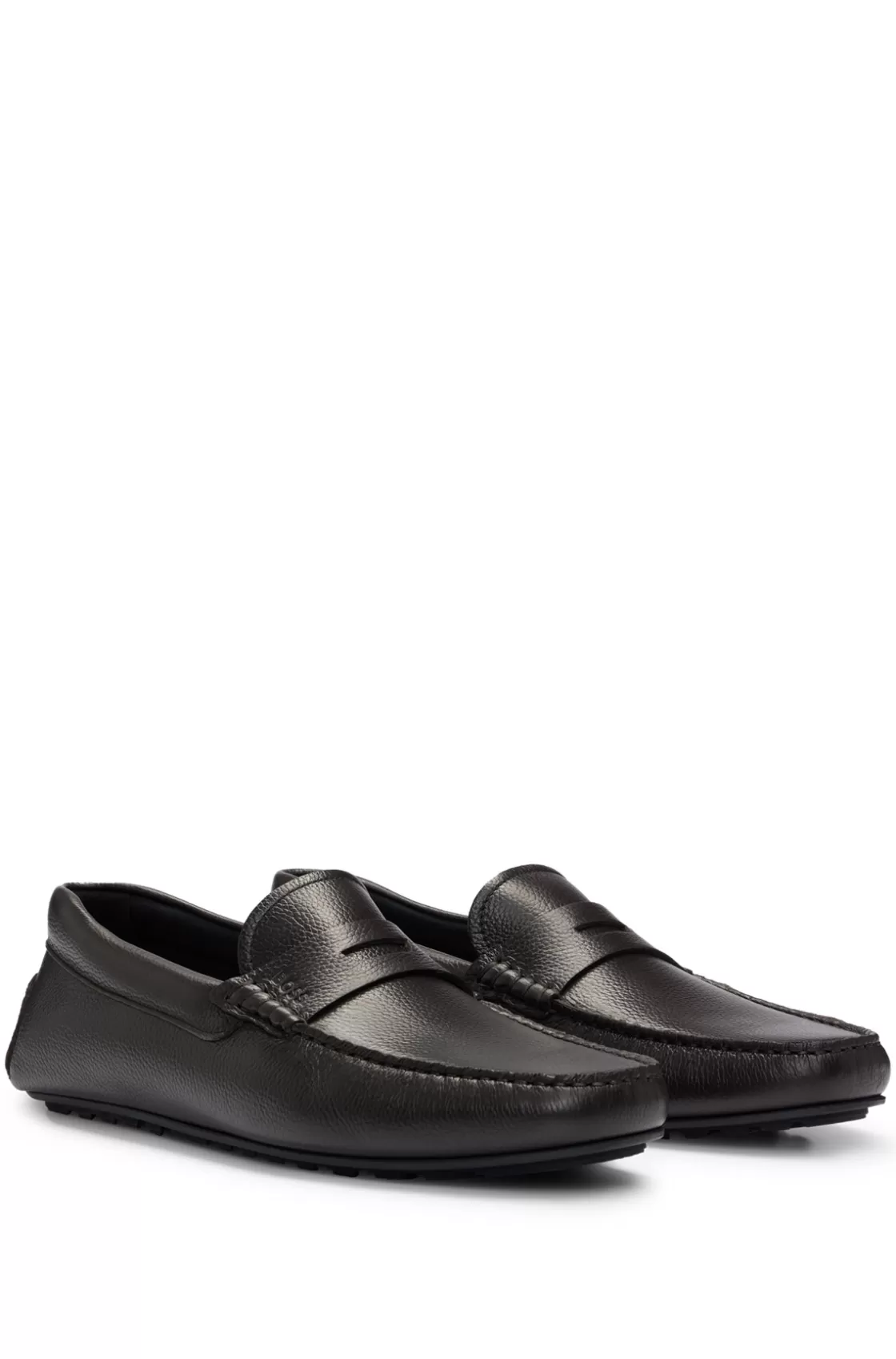 HUGO BOSS Grained-leather Driver Moccasins With Logo Strap Dark Brown Hot