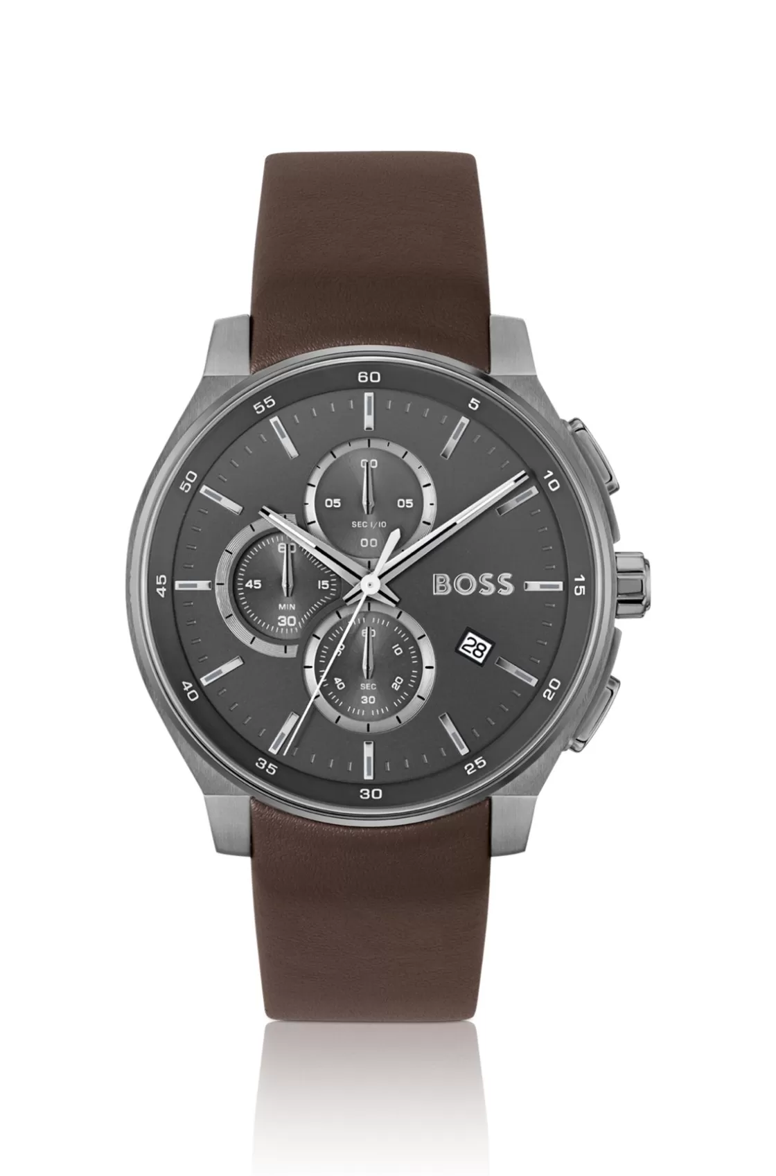 HUGO BOSS Gray-plated Chronograph Watch With Leather Strap Assorted-Pre-Pack New