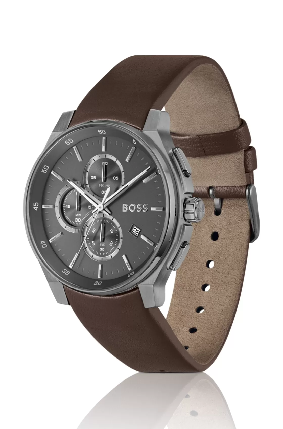 HUGO BOSS Gray-plated Chronograph Watch With Leather Strap Assorted-Pre-Pack New