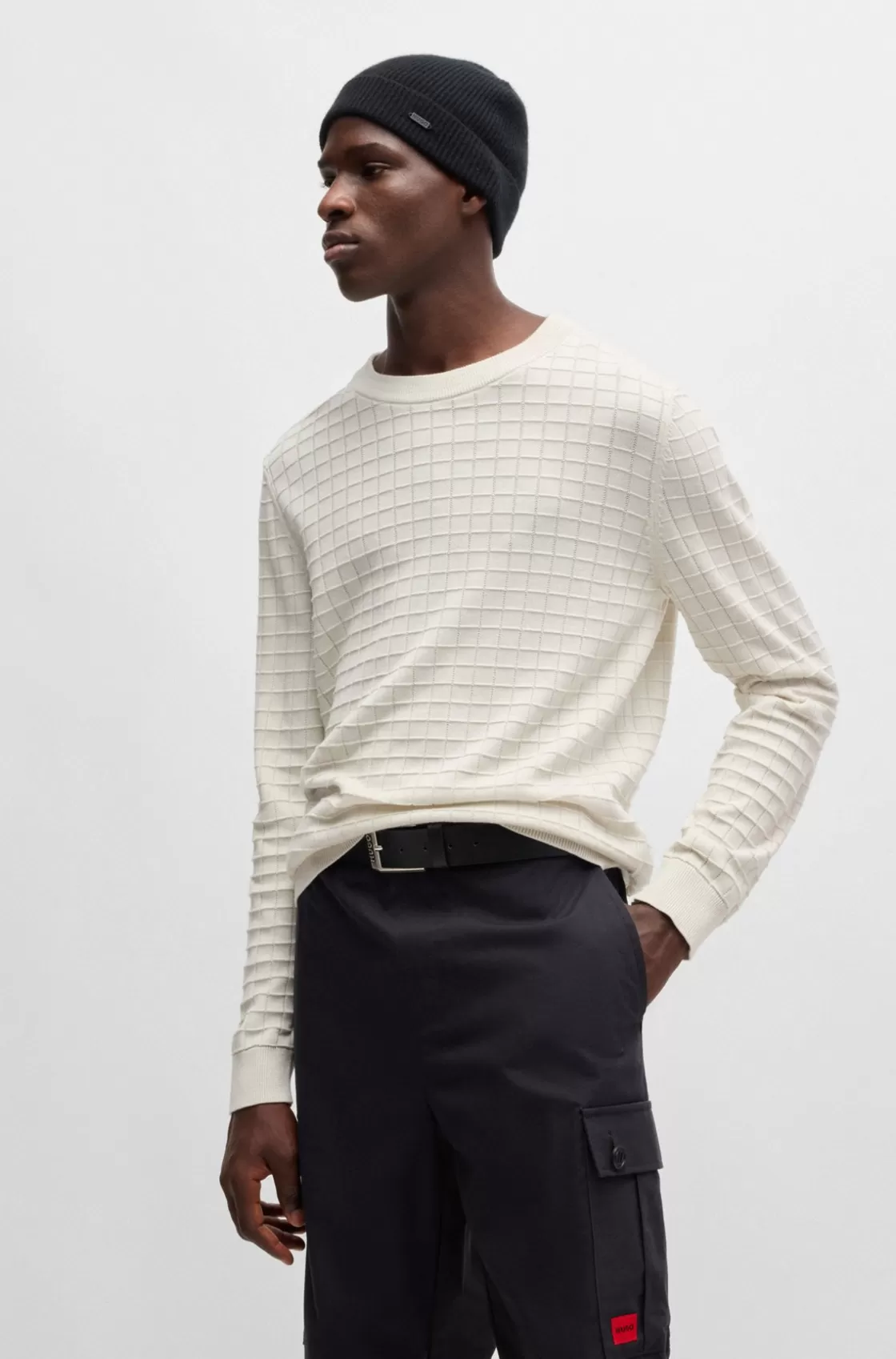 HUGO BOSS Grid-pattern Regular-fit Sweater In Cotton White Store