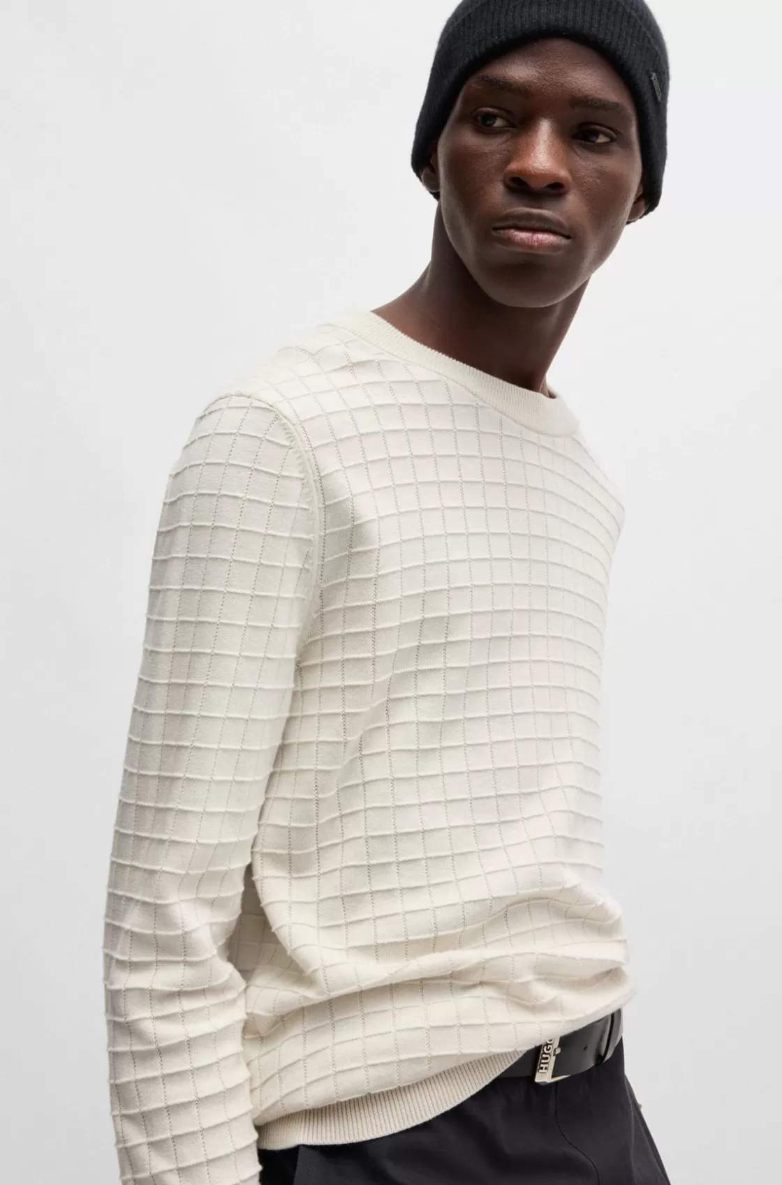 HUGO BOSS Grid-pattern Regular-fit Sweater In Cotton White Store