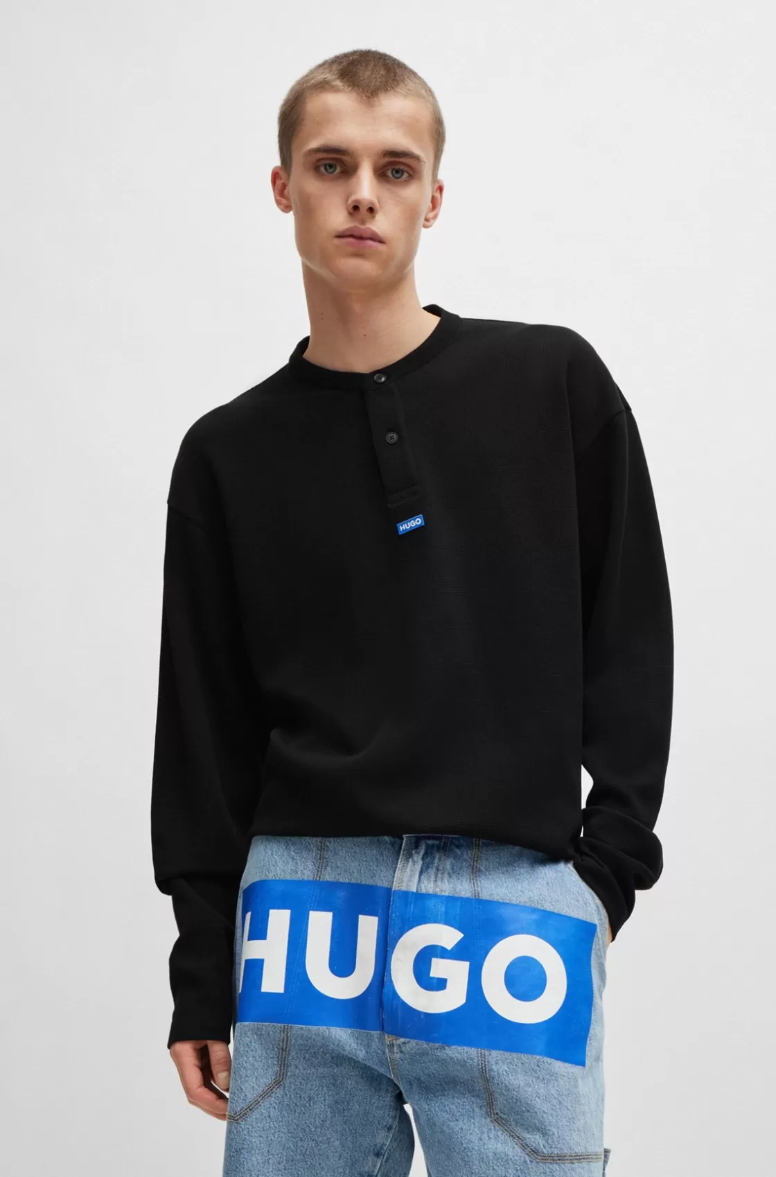 HUGO BOSS Henley T-shirt With Blue Logo Black New
