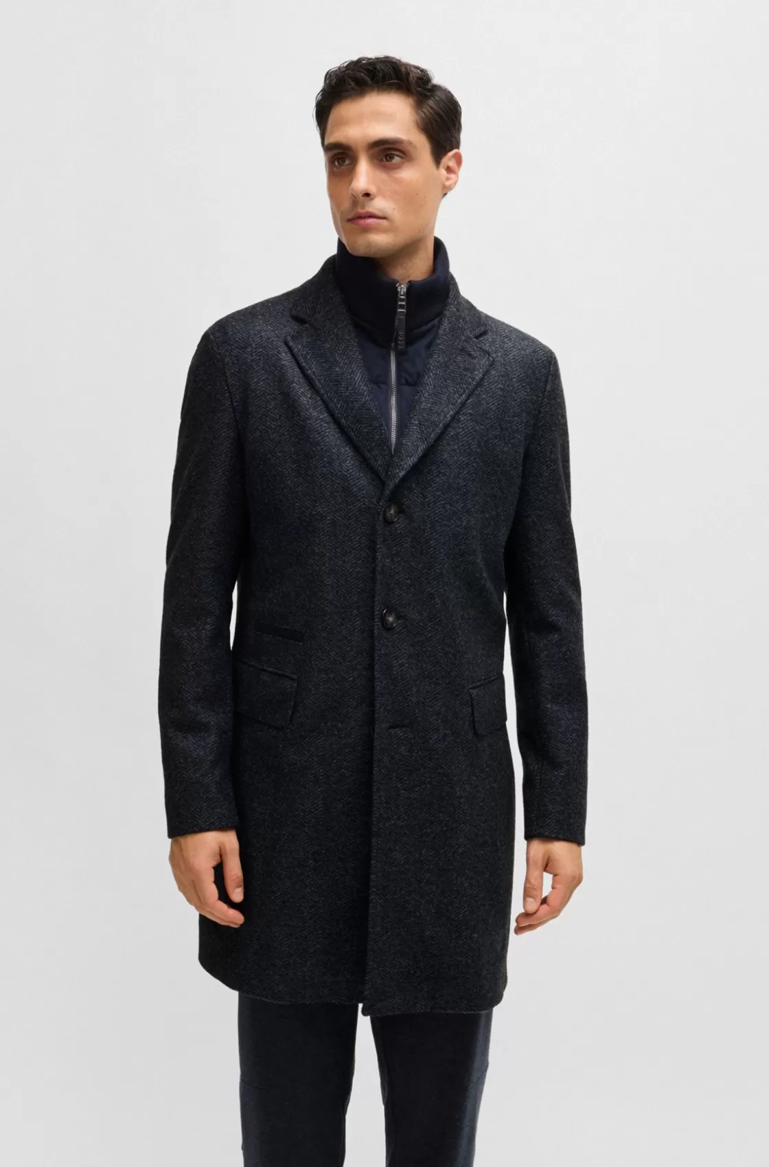 HUGO BOSS Herringbone Slim-fit Coat With Detachable Zip-up Inner Dark Blue Fashion