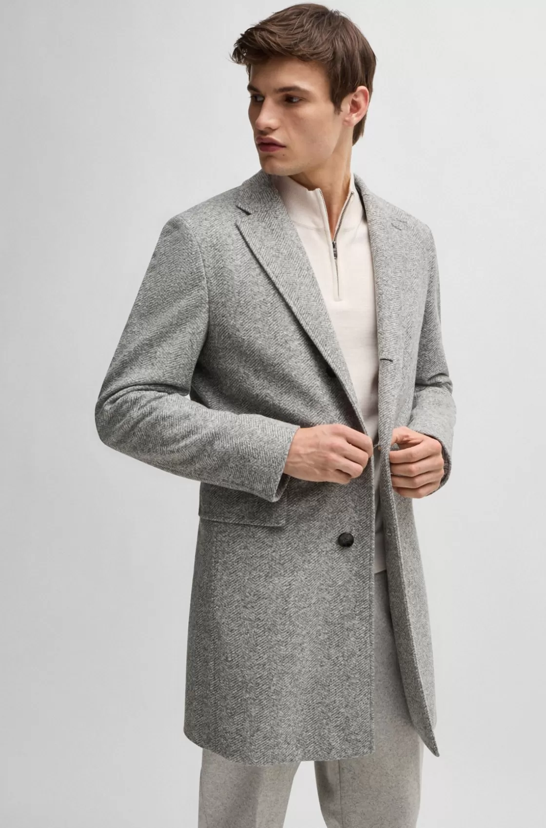 HUGO BOSS Herringbone Slim-fit Coat With Detachable Zip-up Inner Grey Store