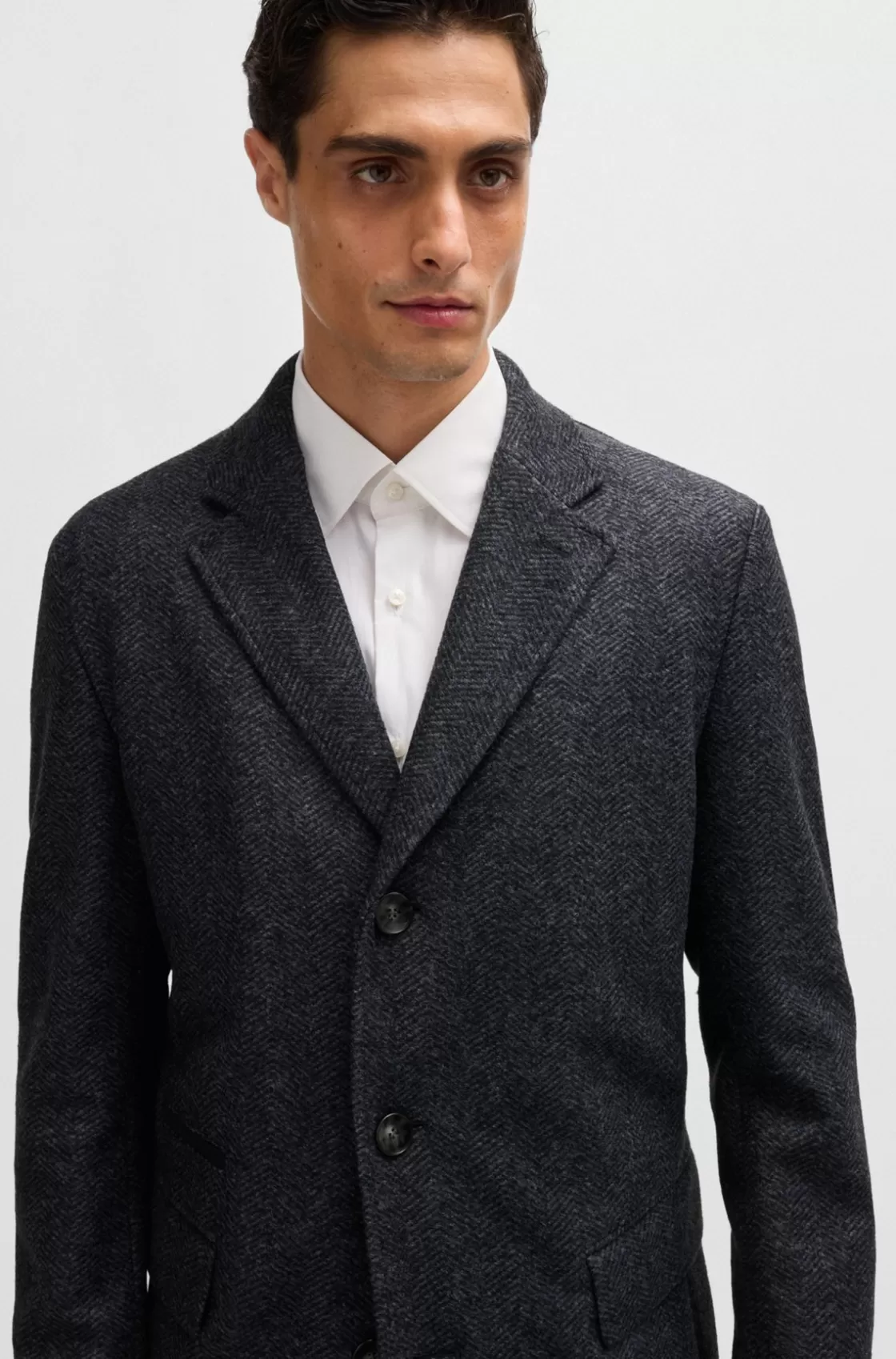 HUGO BOSS Herringbone Slim-fit Coat With Detachable Zip-up Inner Dark Blue Fashion