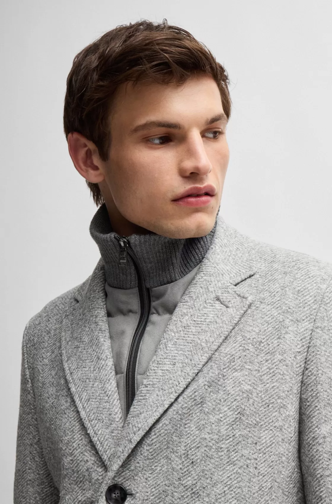 HUGO BOSS Herringbone Slim-fit Coat With Detachable Zip-up Inner Grey Store