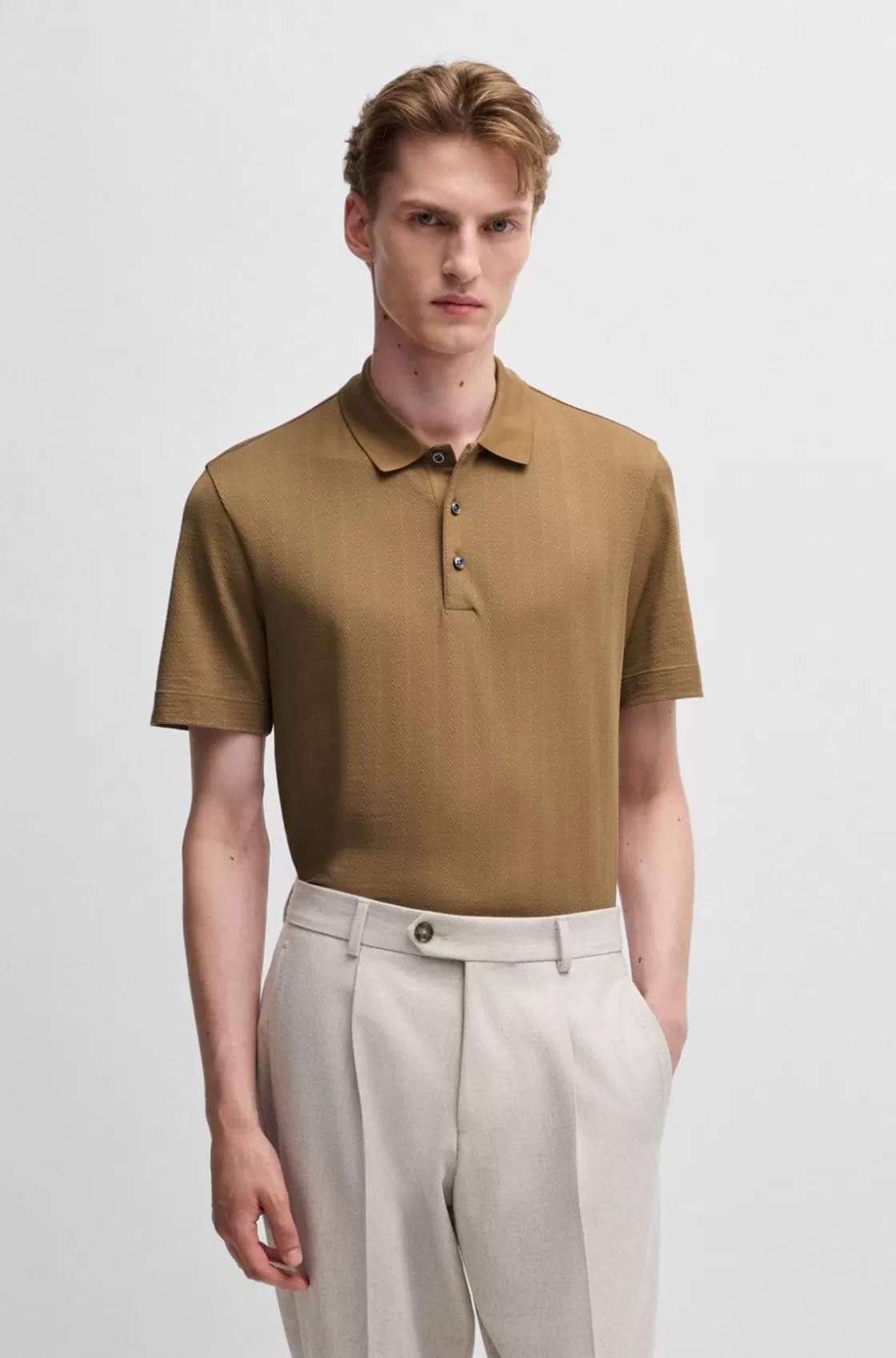 HUGO BOSS Herringbone-jacquard Polo Shirt In Cotton And Wool Beige Store