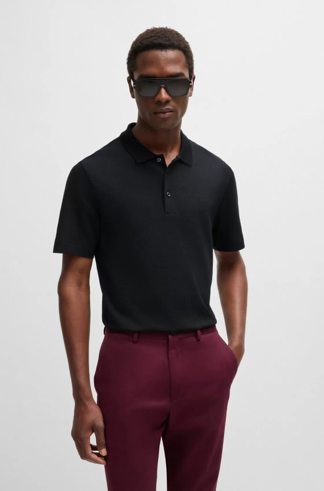 HUGO BOSS Herringbone-jacquard Polo Shirt In Cotton And Wool Black Best