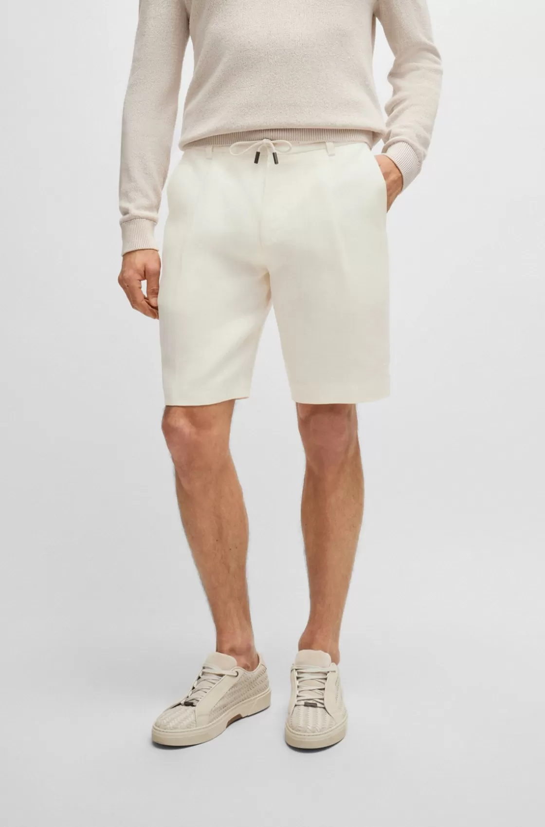 HUGO BOSS Herringbone-linen Shorts With Front Pleats And Drawcord White Best