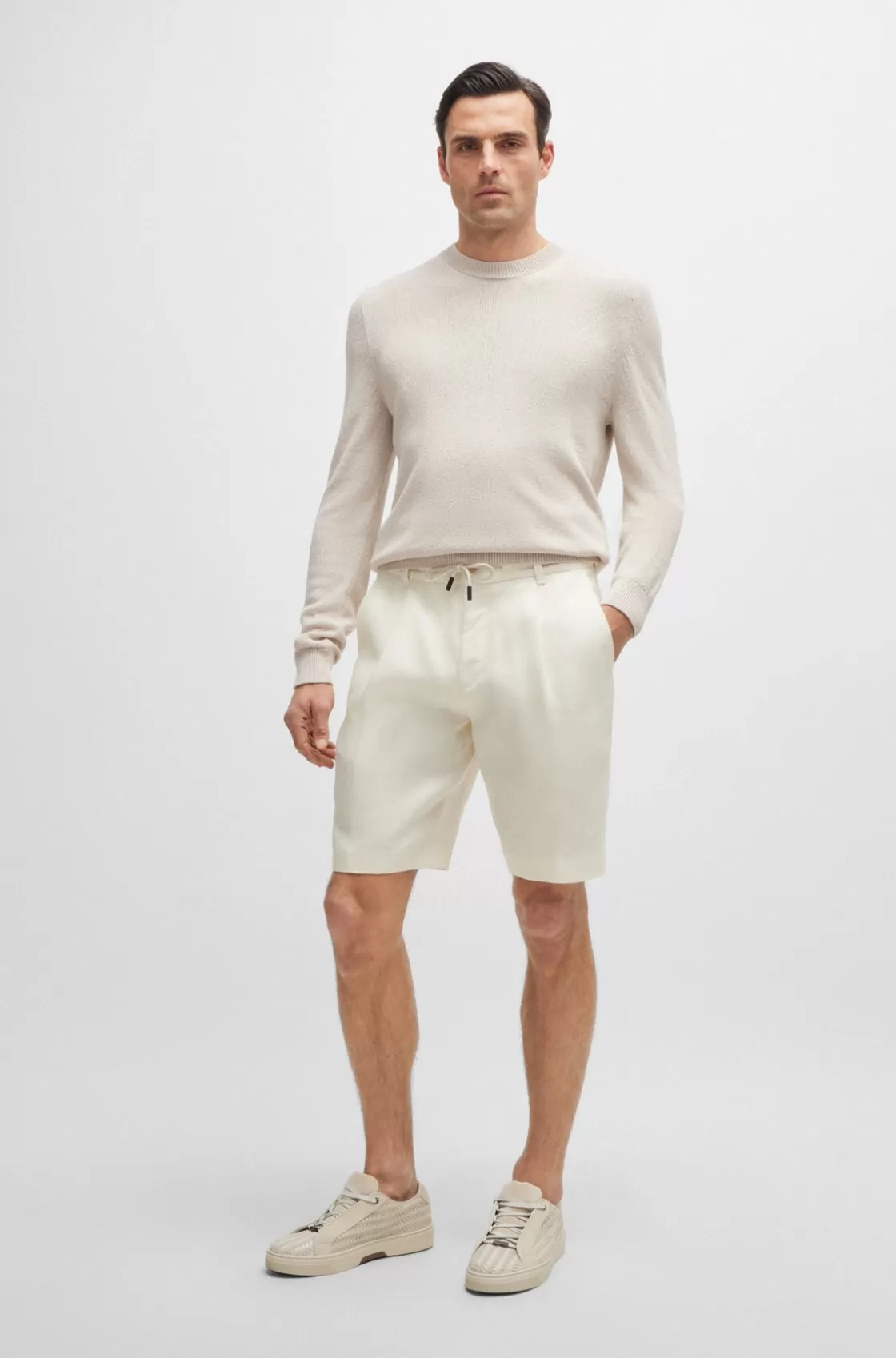 HUGO BOSS Herringbone-linen Shorts With Front Pleats And Drawcord White Best