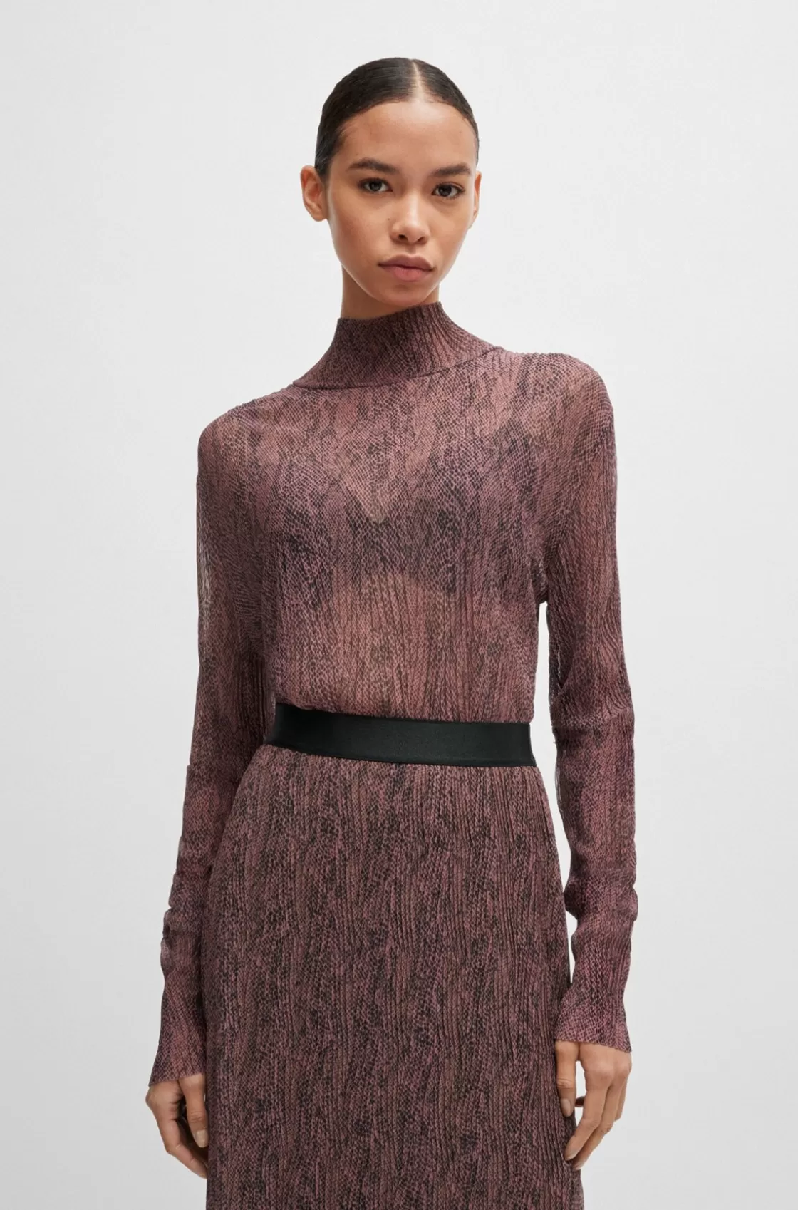 HUGO BOSS High-neck Top In Plissé Tulle Patterned Clearance