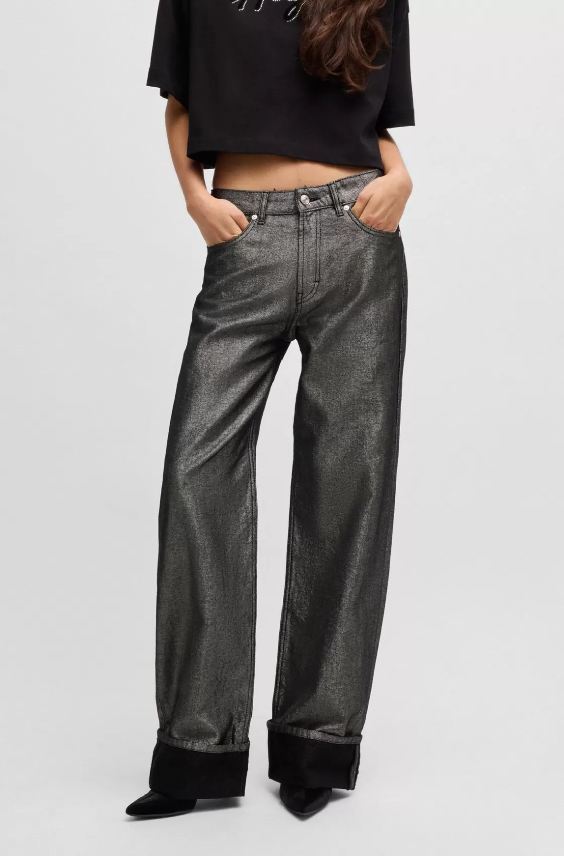 HUGO BOSS High-rise Straight Metallic Jeans With Turn-up Cuffs Silver Discount