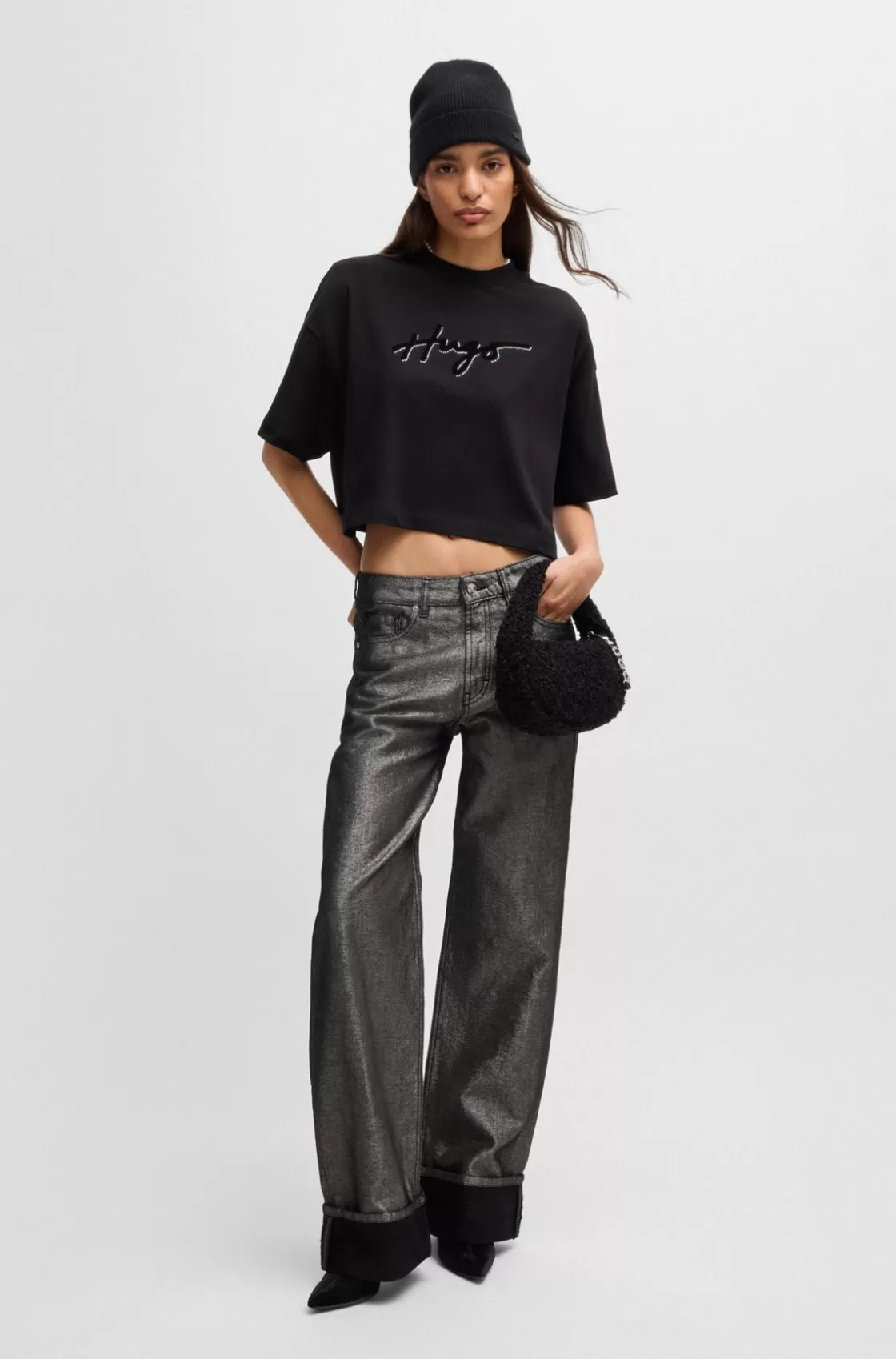HUGO BOSS High-rise Straight Metallic Jeans With Turn-up Cuffs Silver Discount