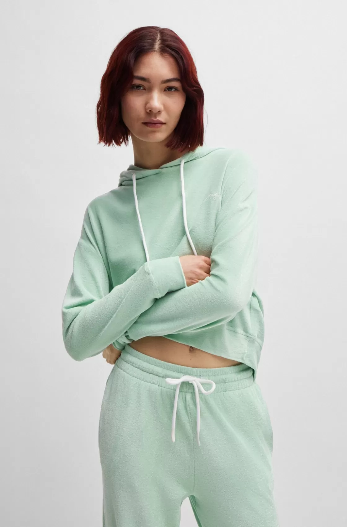 HUGO BOSS Hoodie In Terry Fabric With Handwritten Logo Light Green New