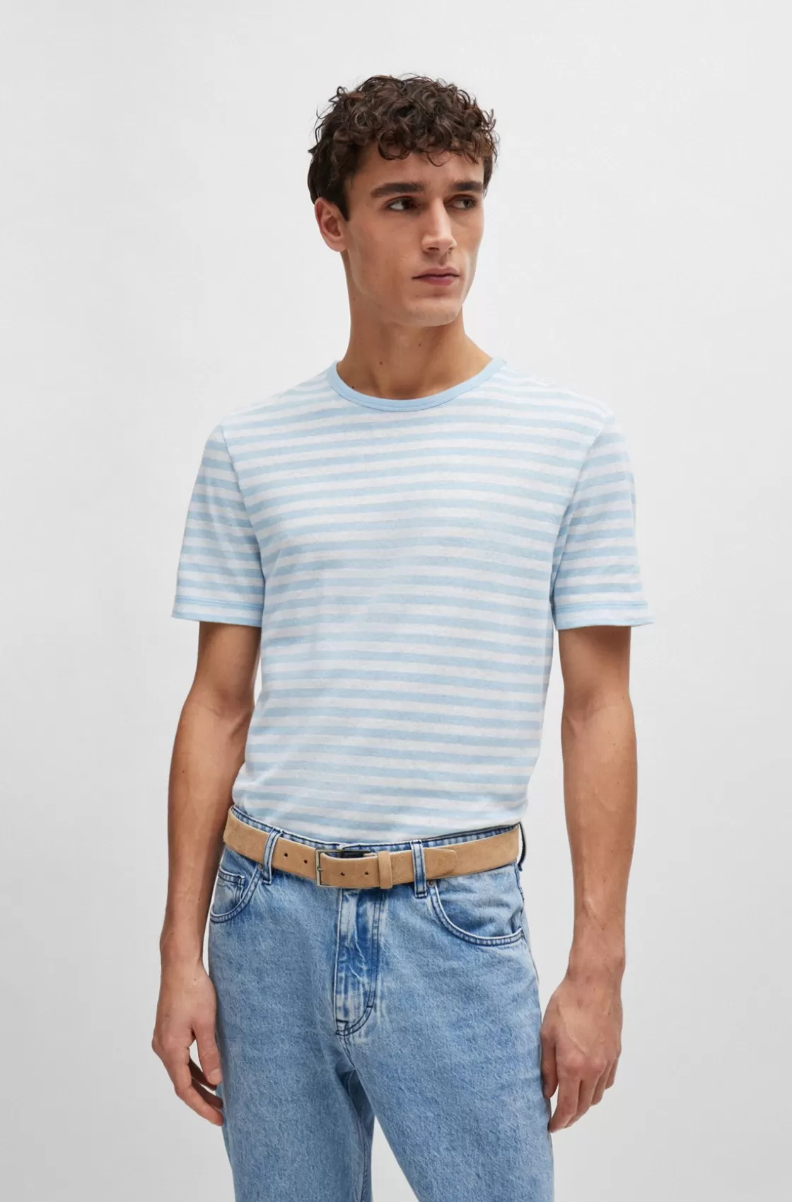HUGO BOSS Horizontal-stripe T-shirt In Cotton And Linen Light Blue Fashion