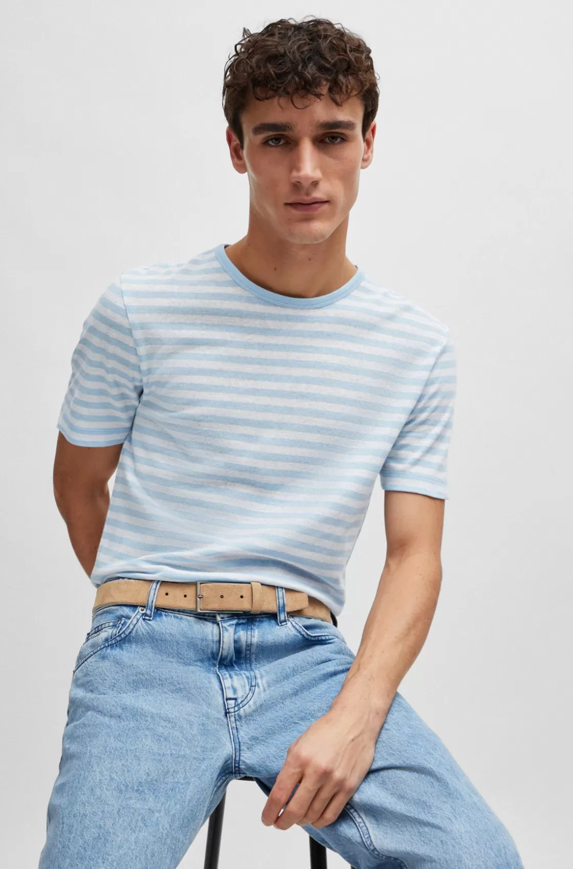 HUGO BOSS Horizontal-stripe T-shirt In Cotton And Linen Light Blue Fashion