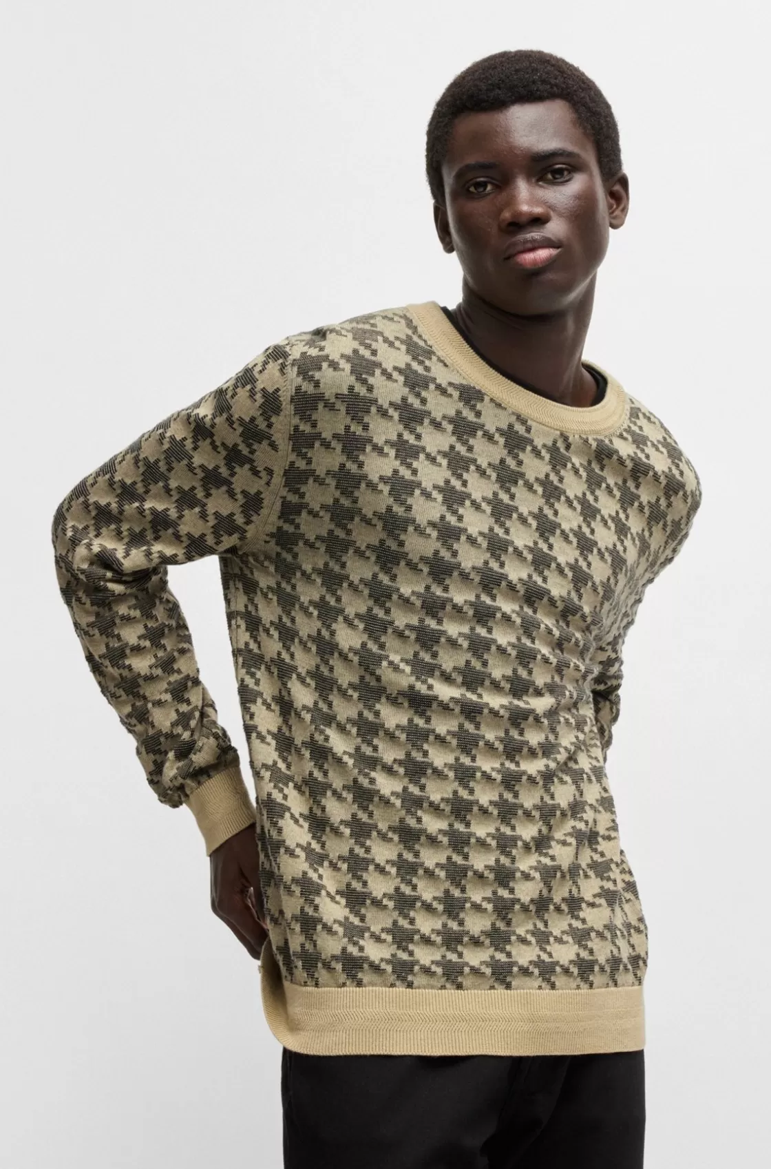 HUGO BOSS Houndstooth Check Sweater In Cotton Light Beige Hot