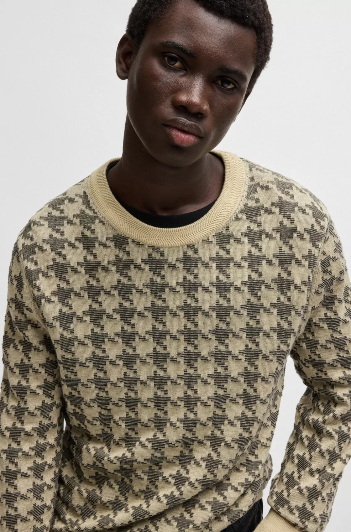 HUGO BOSS Houndstooth Check Sweater In Cotton Light Beige Hot