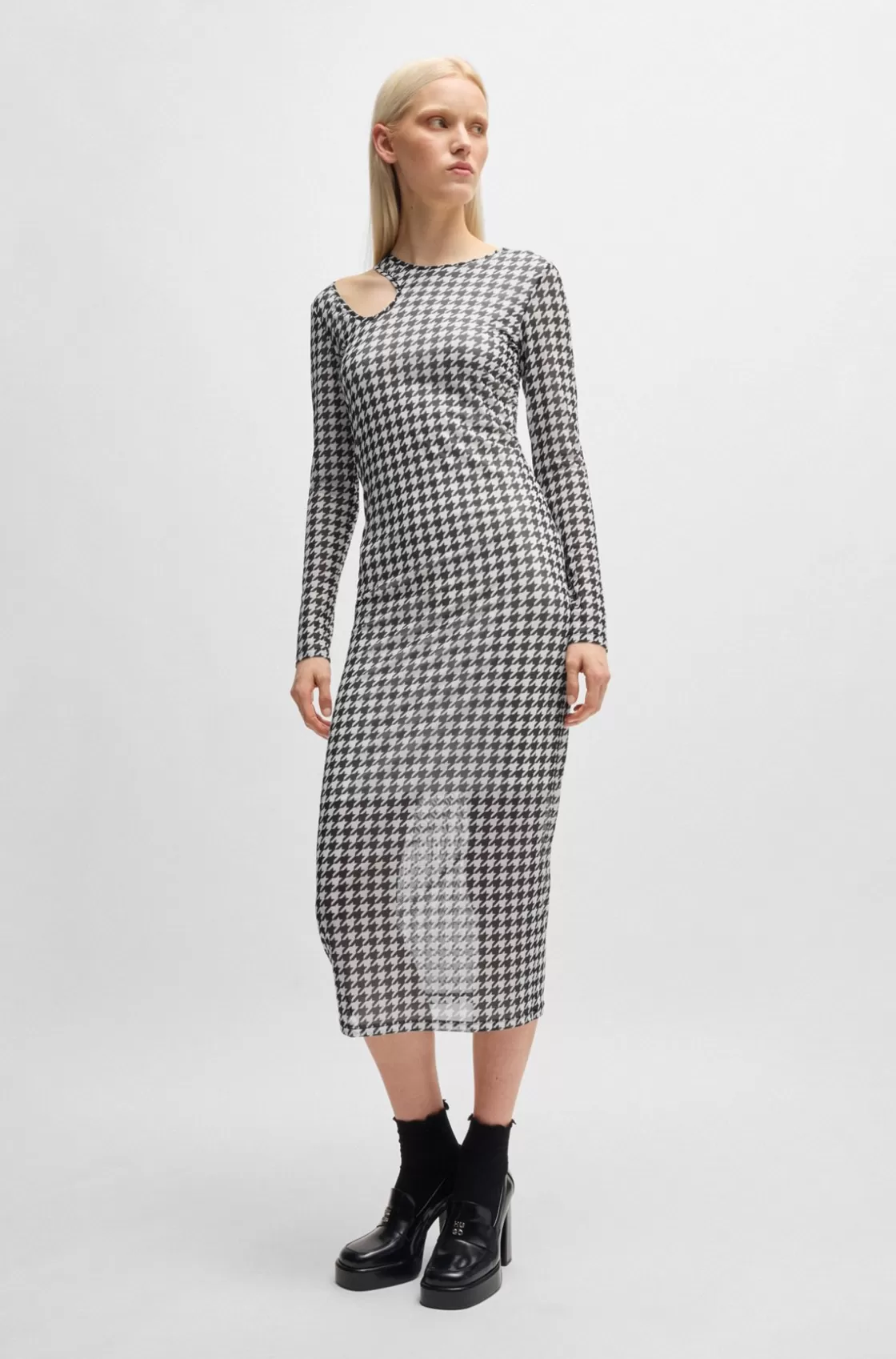 HUGO BOSS Houndstooth Mesh Midi Dress With Cut-out Neckline Patterned Online