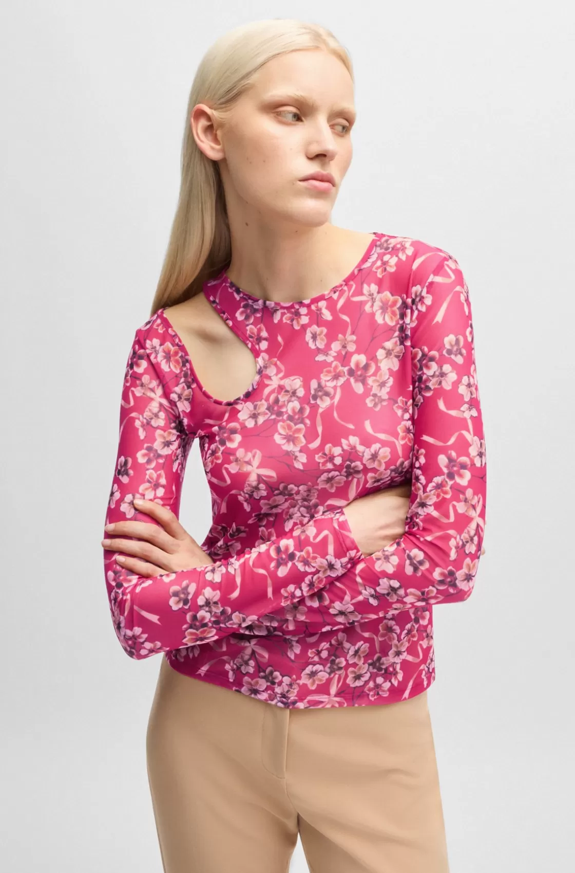 HUGO BOSS Houndstooth Mesh Top With Cut-out Neckline Patterned Flash Sale