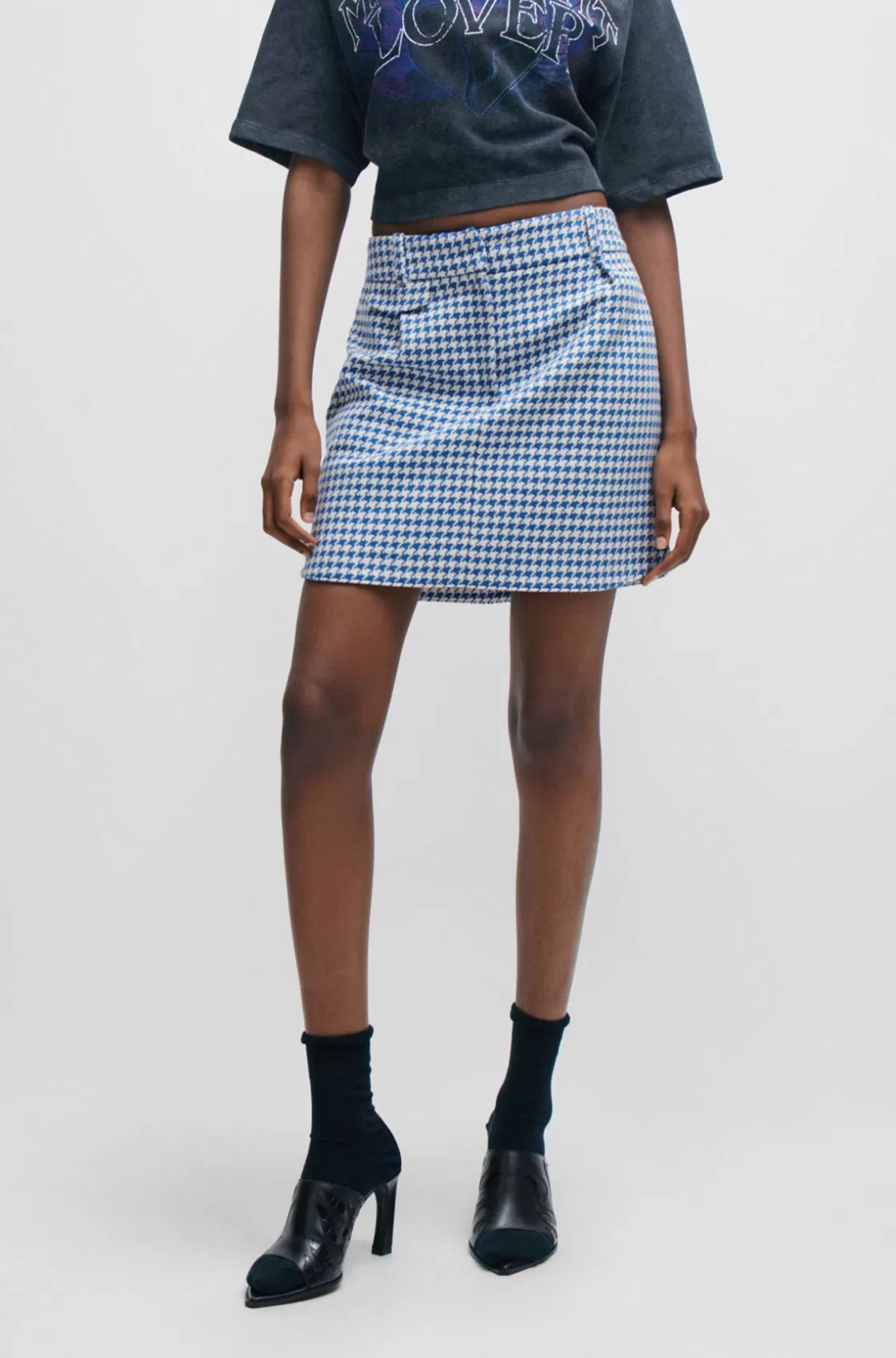 HUGO BOSS Houndstooth Mini Skirt In A Cotton Blend Patterned Outlet