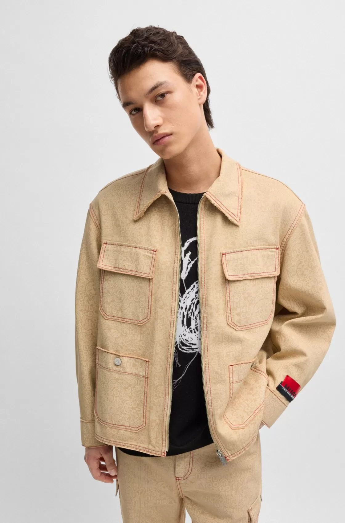 HUGO BOSS HUGO X Les Benjamins Relaxed-fit Jacket With All-over Print Brown Hot