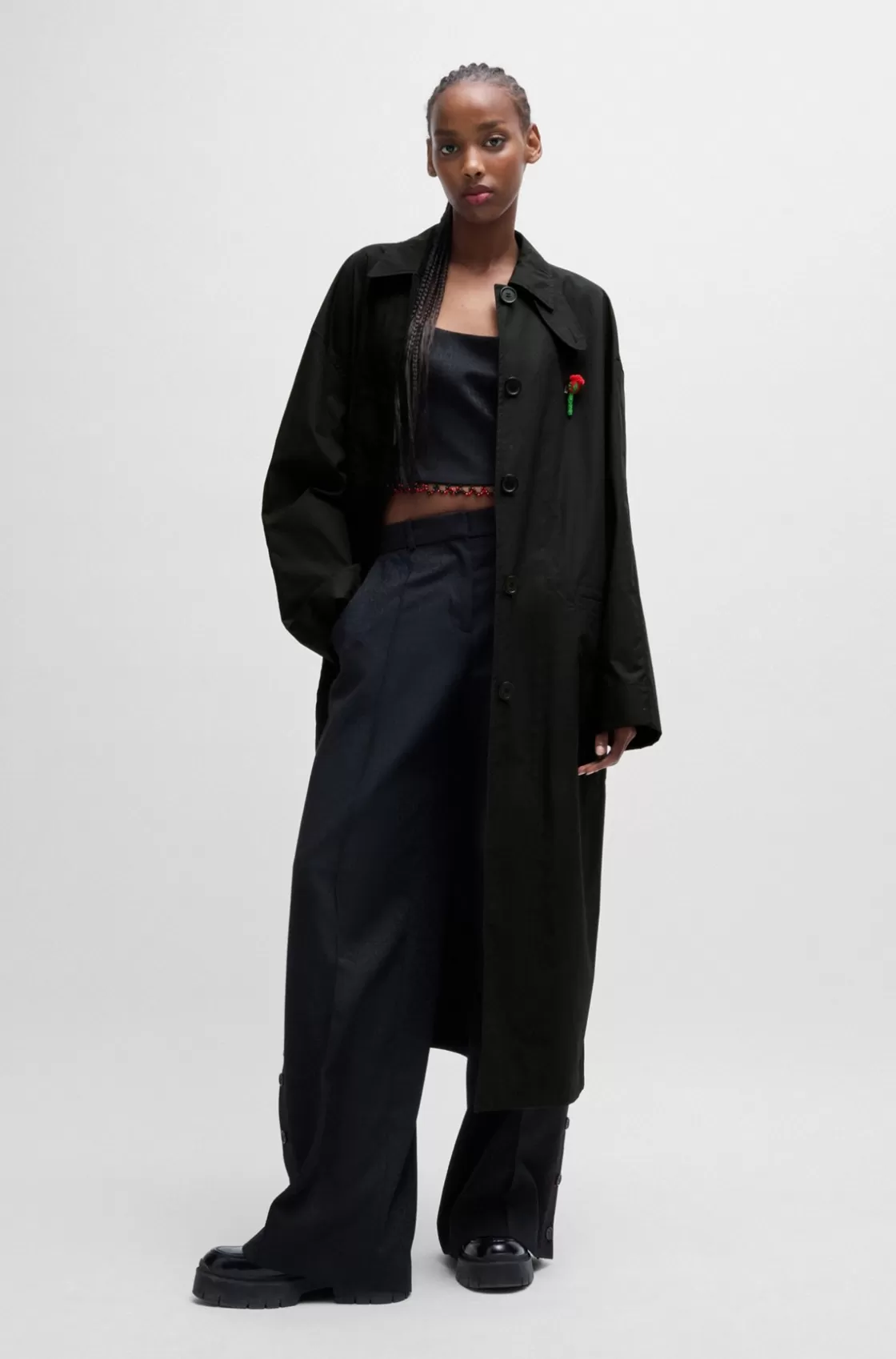 HUGO BOSS HUGO X Les Benjamins Trench Coat With Beaded Rose Brooch Black Online