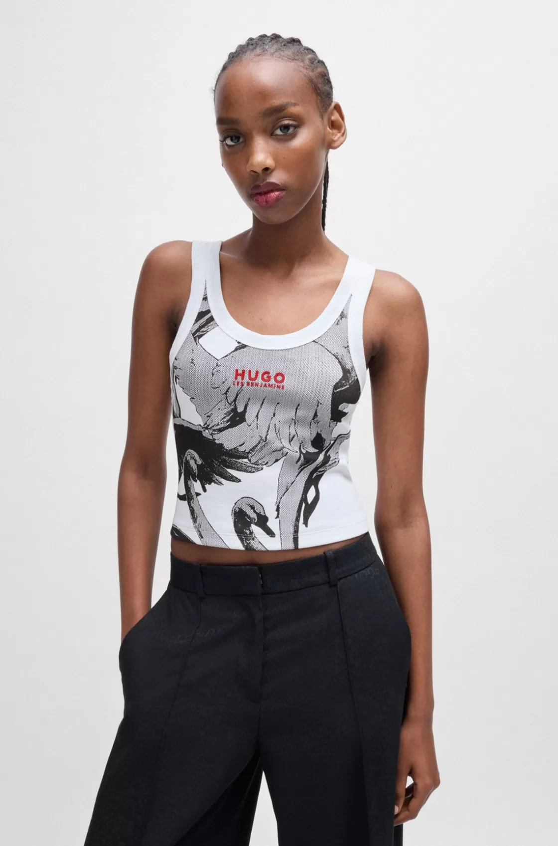 HUGO BOSS HUGO X Les Benjamins Vest In Stretch Cotton With Swan Print White Sale