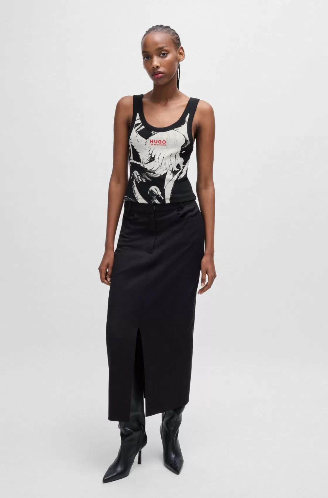HUGO BOSS HUGO X Les Benjamins Vest In Stretch Cotton With Swan Print Black Flash Sale