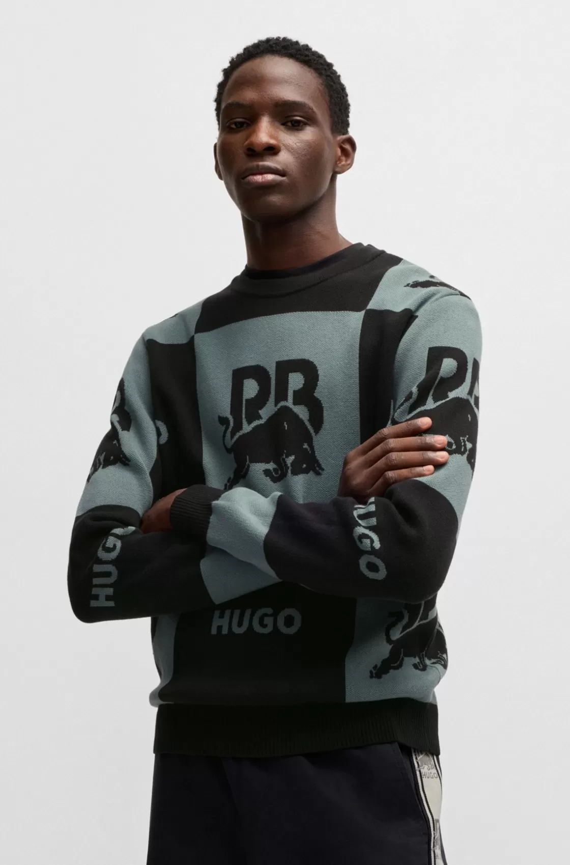 HUGO BOSS HUGO X RB Checkerboard Cotton Sweater With Bull Motif Black Best Sale