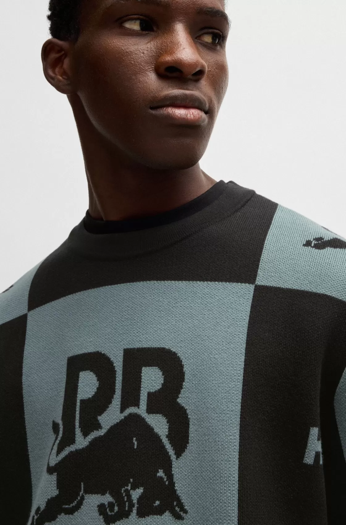 HUGO BOSS HUGO X RB Checkerboard Cotton Sweater With Bull Motif Black Best Sale