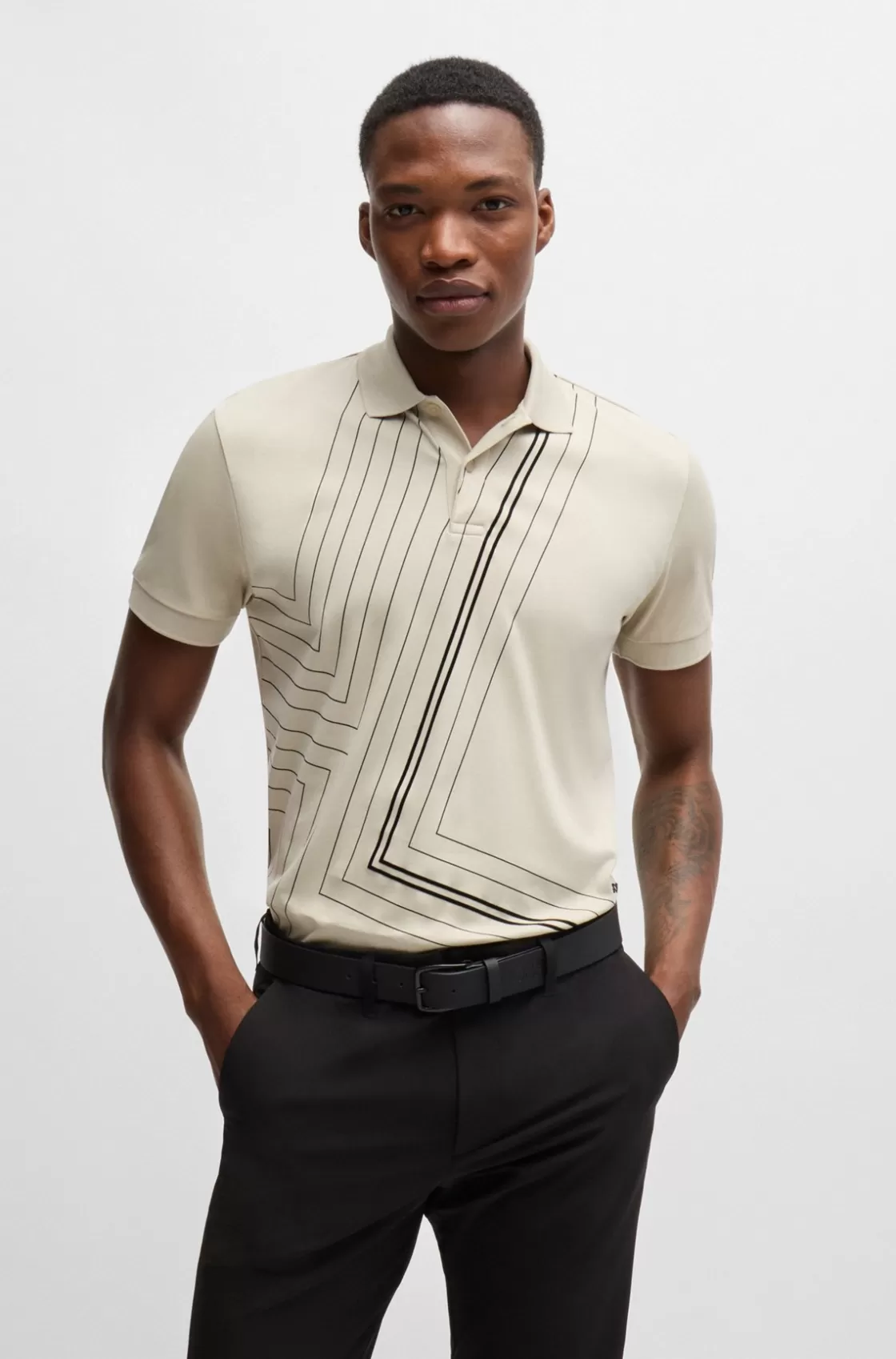 HUGO BOSS Interlock-cotton Polo Shirt With Fineline Artwork Light Beige Fashion