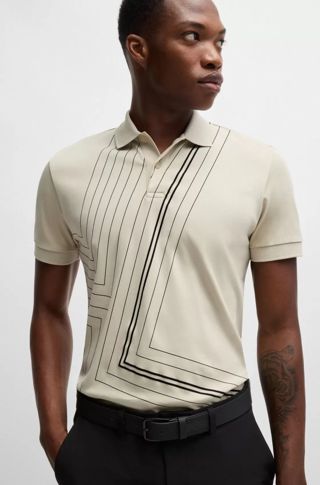 HUGO BOSS Interlock-cotton Polo Shirt With Fineline Artwork Light Beige Fashion