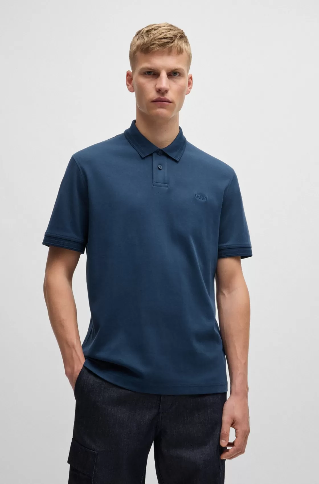 HUGO BOSS Interlock-cotton Polo Shirt With Logo Print Light Blue Best Sale
