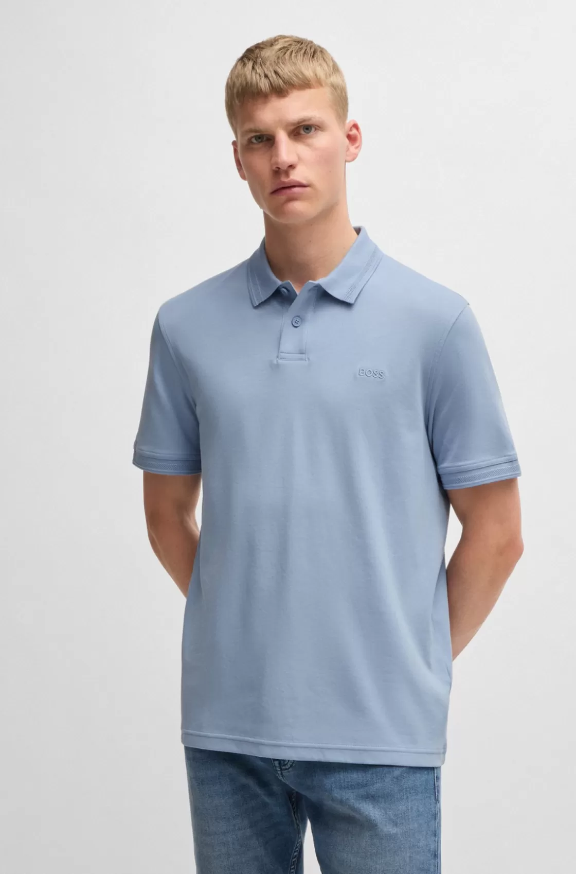 HUGO BOSS Interlock-cotton Polo Shirt With Logo Print Light Blue Outlet