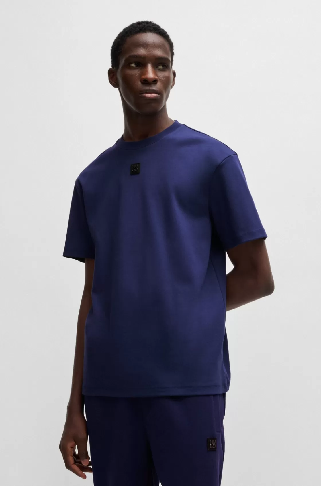 HUGO BOSS Interlock-cotton Regular-fit T-shirt With Stacked Logo Dark Blue Sale