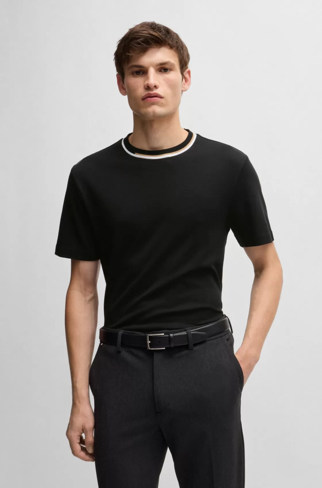 HUGO BOSS Interlock-cotton T-shirt With Color-block Collar Black Store