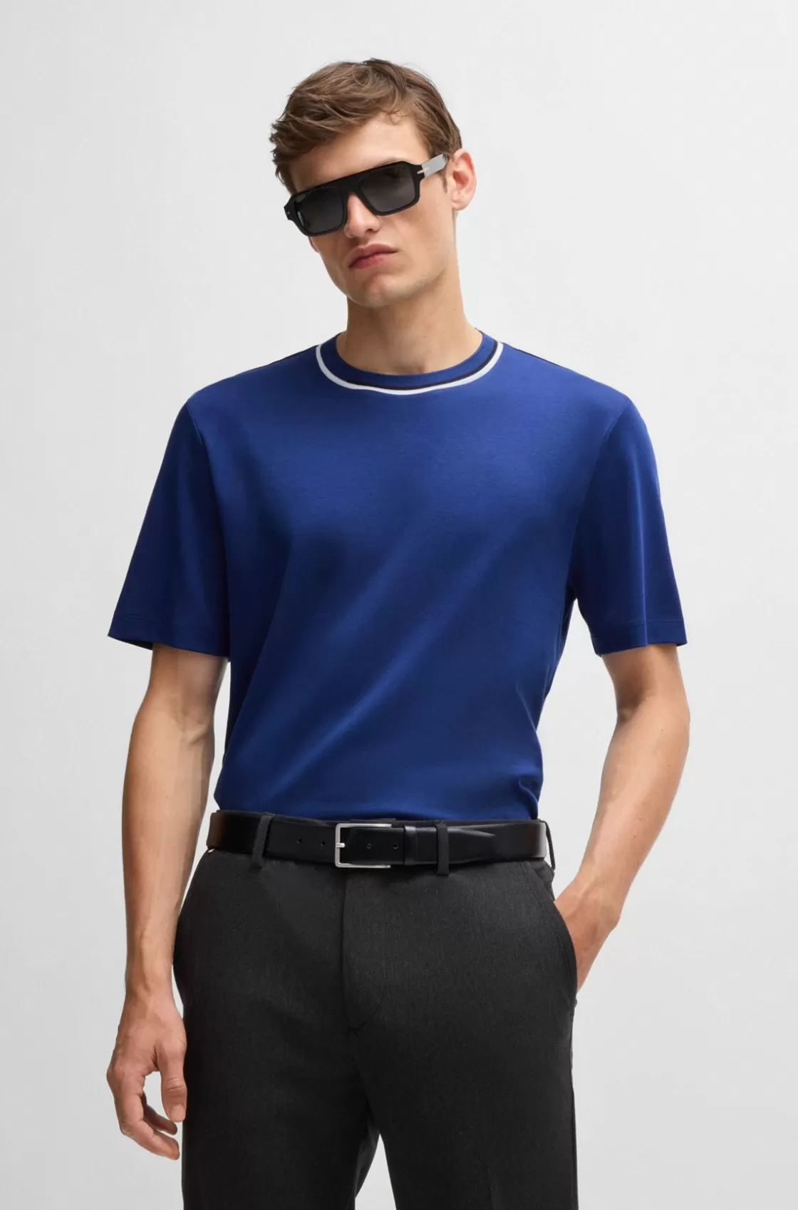 HUGO BOSS Interlock-cotton T-shirt With Color-block Collar Light Blue Discount