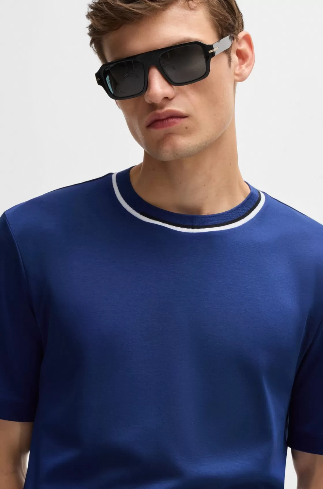 HUGO BOSS Interlock-cotton T-shirt With Color-block Collar Light Blue Discount