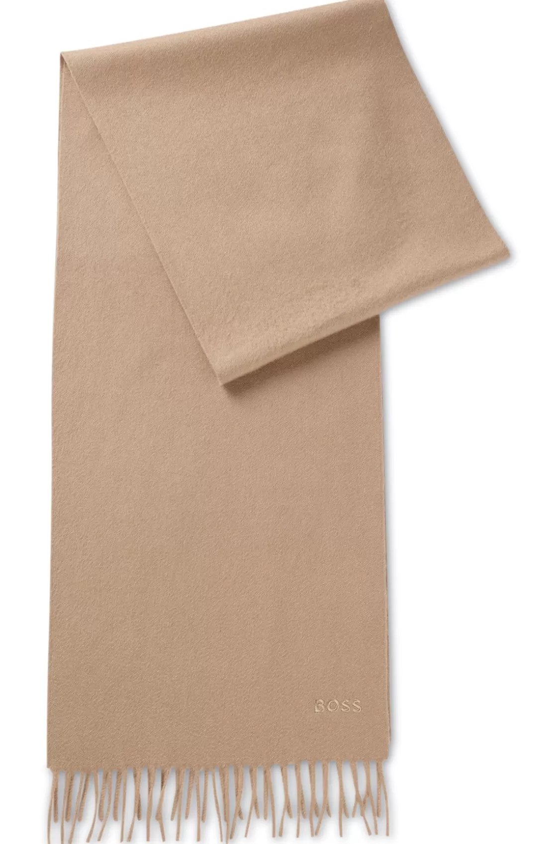 HUGO BOSS Italian-cashmere Scarf With Fringing And Embroidered Logo Beige Cheap