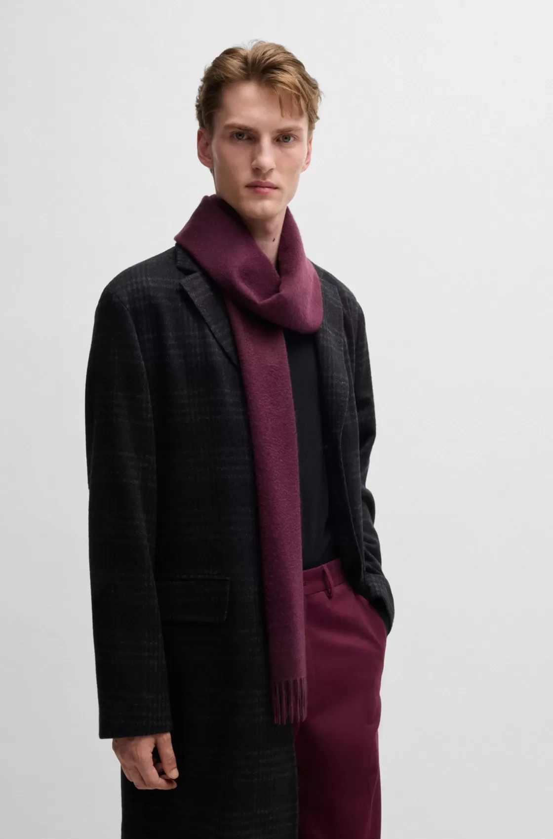 HUGO BOSS Italian-cashmere Scarf With Fringing And Embroidered Logo Dark Purple Flash Sale