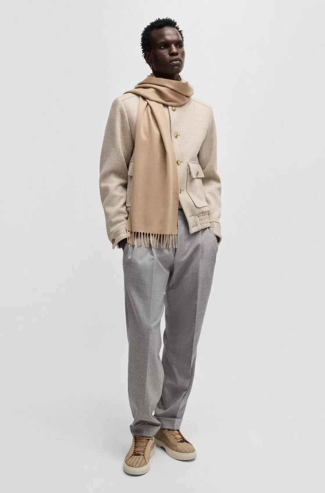 HUGO BOSS Italian-cashmere Scarf With Fringing And Embroidered Logo Beige Cheap