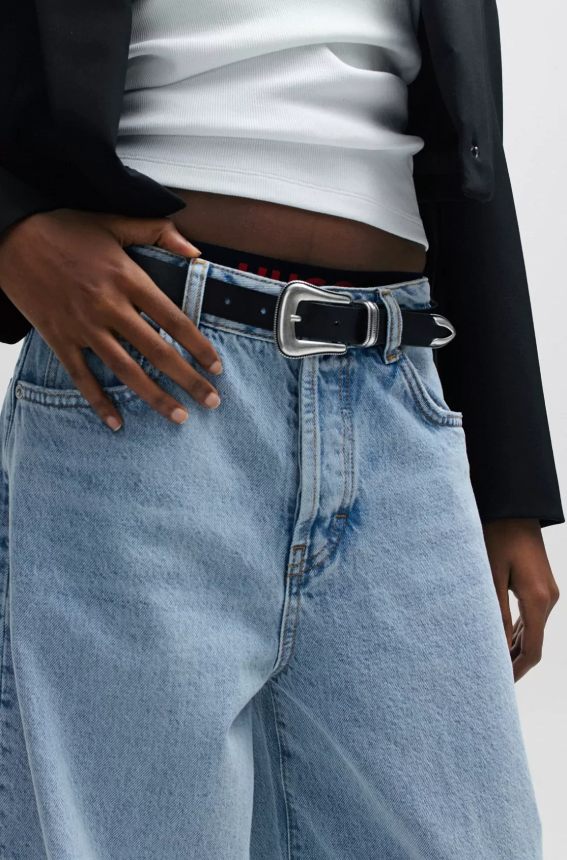 HUGO BOSS Italian-leather Belt With Branded Keeper Black Hot