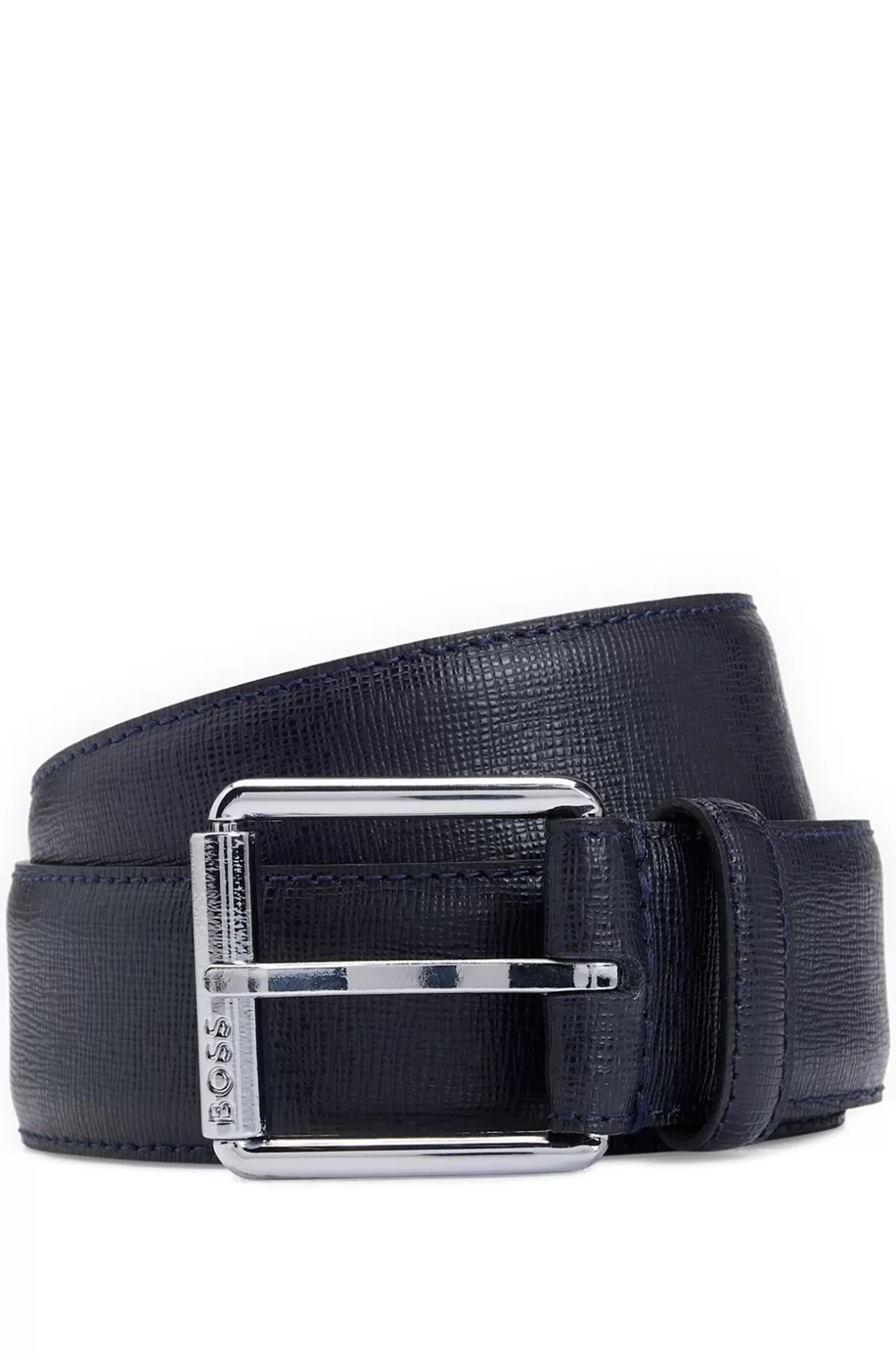 HUGO BOSS Italian-leather Belt With Branded Roller And Silver Hardware Dark Blue Discount