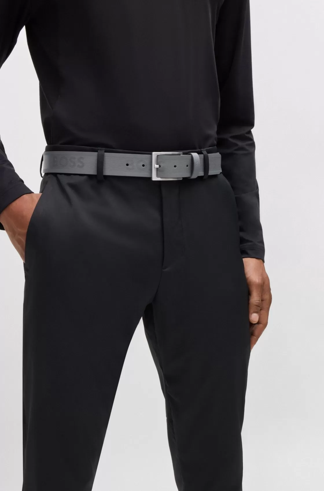 HUGO BOSS Italian-leather Belt With Brushed Silver Hardware Grey Clearance