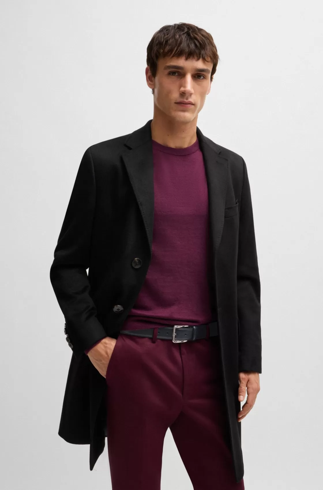 HUGO BOSS Italian-leather Belt With Contrast Stitching Black New