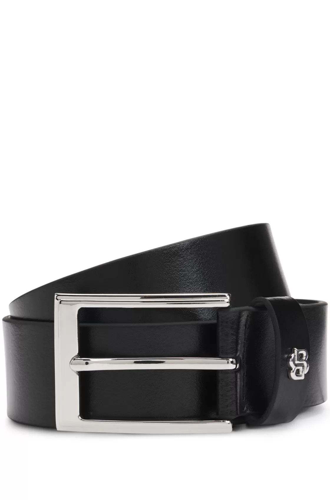 HUGO BOSS Italian-leather Belt With Double B Monogram Keeper Black Flash Sale
